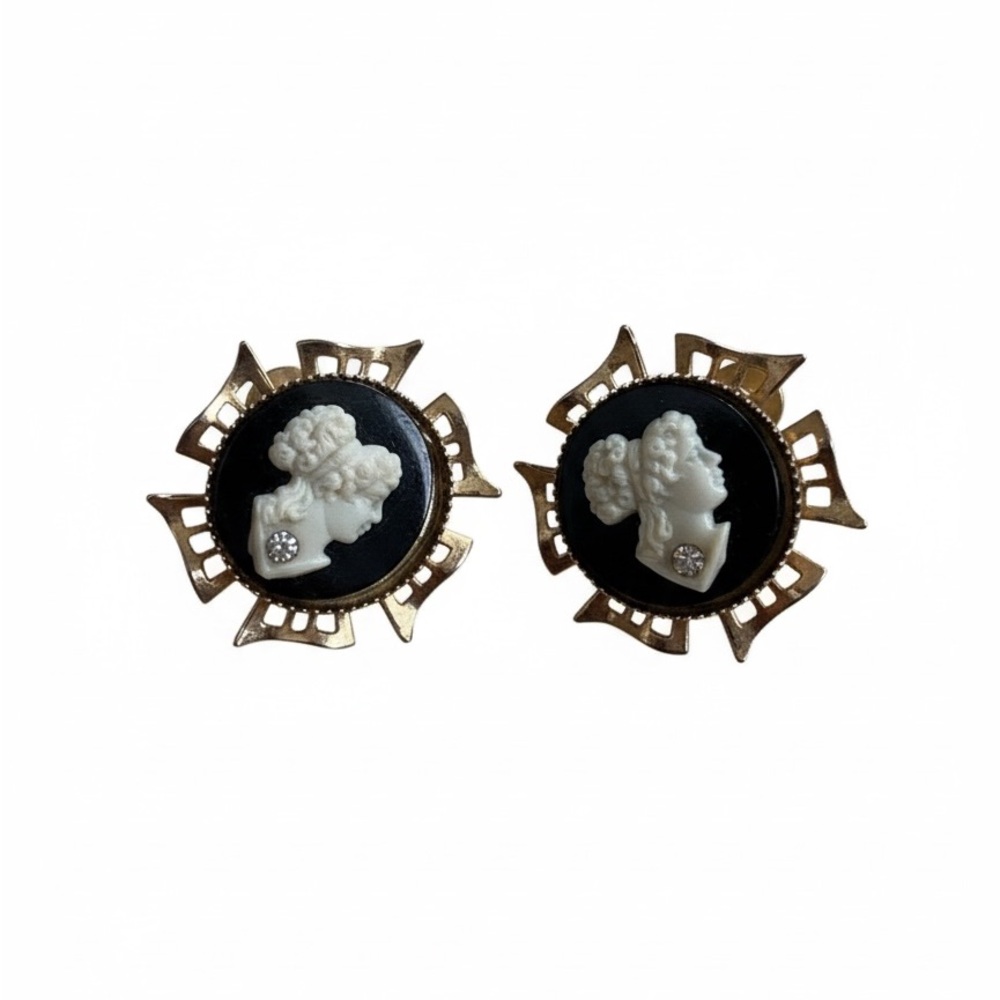 Elegant Gold and Black Cameo Earrings - Picture 1 of 8